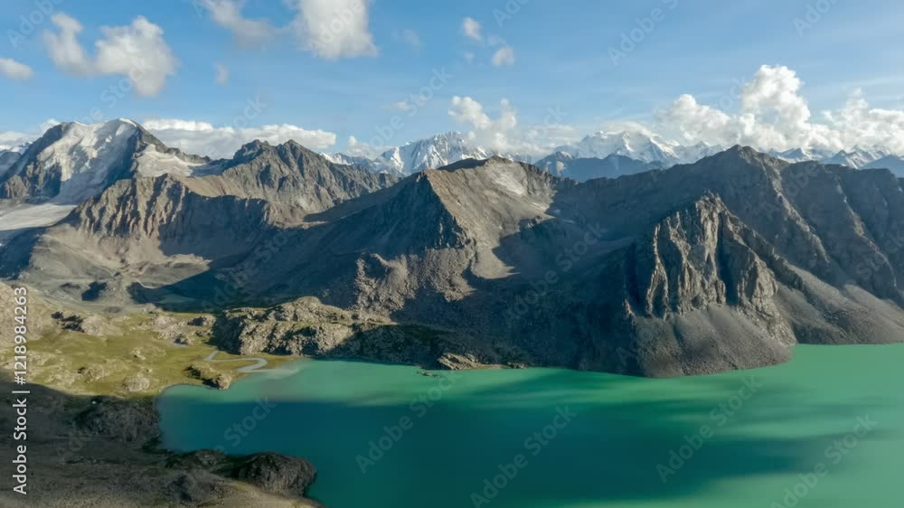 Panorama, view of mountains and glaciers and turquoise Ala Kul mountain lake, ascent to the Ala Kul Pass, Tien Shan Mountains, Kyrgyzstan, Asia Panorama, view of mountains and glaciers and turquoise Ala Kul mountain lake, ascent to the Ala Kul Pass, Tien Shan Mountains, Kyrgyzstan, Asia