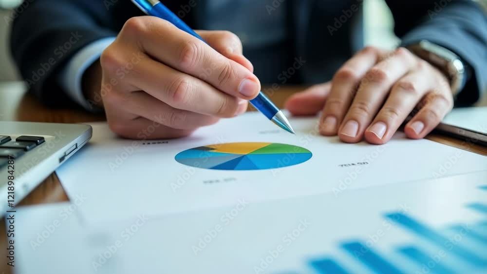Analyzing Business Data: Close-Up of Hand Holding Pen Over Colorful Pie Chart on Document with Financial Graphs, Demonstrating Corporate Strategy and Insight Analyzing Business Data: Close-Up of Hand Holding Pen Over Colorful Pie Chart on Document with Financial Graphs, Demonstrating Corporate Strategy and Insight
