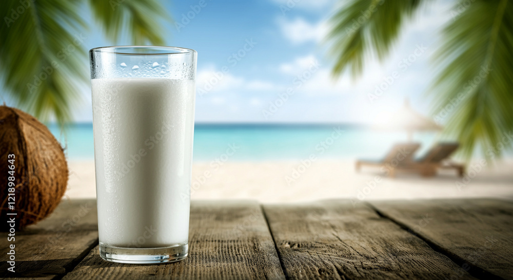 glass of coconut milk on wooden surface at beach with tropical background and sunlight glass of coconut milk on wooden surface at beach with tropical background and sunlight