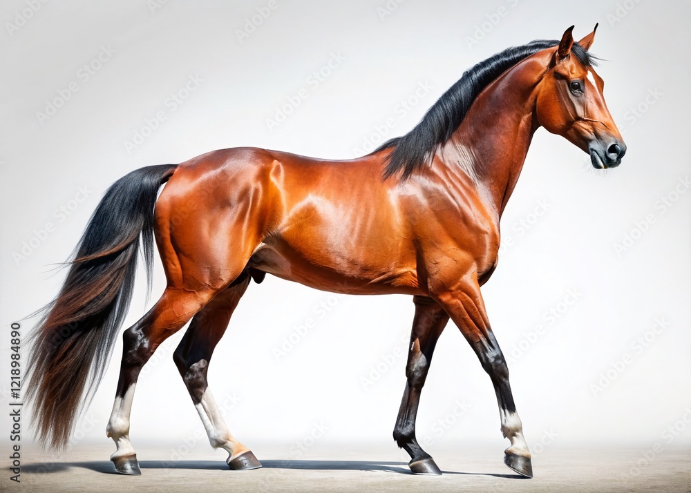 Fototapeta premium Majestic Bay Trotter Horse: Powerful Side Profile on White Background