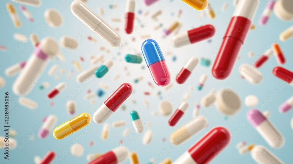 Multi-colored pills and capsules of drugs flying in all directions Multi-colored pills and capsules of drugs flying in all directions