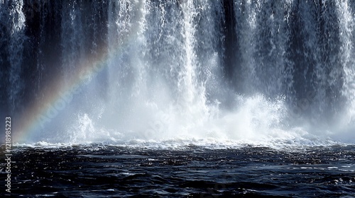 Waterfall rainbow, powerful water flow, nature's beauty, tranquil scene, stock photo photo