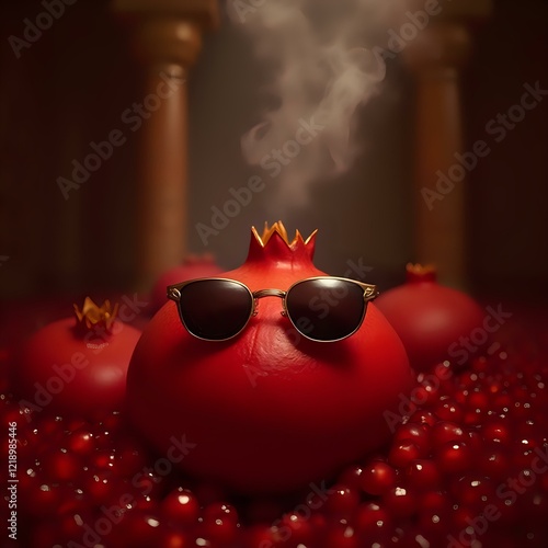 The image features a pair of sunglasses resting on a vibrant red pomegranate, set against a dark background with other pomegranates and a column in the backdrop. photo