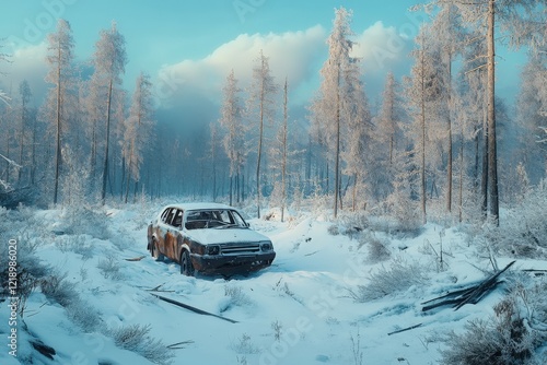 Abandoned car rests silently in a frozen wasteland photo