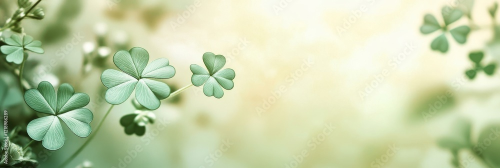 Fototapeta premium A soft, light abstract background featuring delicate green clover leaves with a gentle blurred backdrop