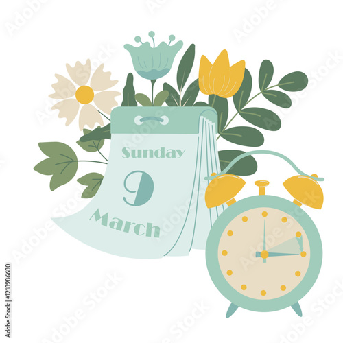 Spring forward in USA and Canada 2025, change clock forward one hour, Daylight Saving Time web reminder banner in flat style. Clocks with arrow turning forward an hour.