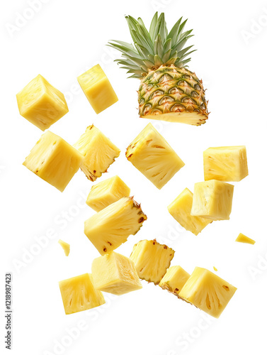 Juicy Pineapple Cubes Falling, Fresh Tropical Fruit for Food Photography, Transparent Background, AI Generated Images photo