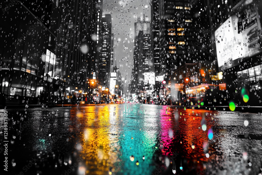 Naklejka premium Colorful confetti falls through a foggy urban landscape in the heart of a city during a lively celebration