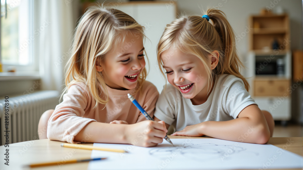 Two happy girls engaged in drawing, showcasing friendship and creativity in a bright room. Two happy girls engaged in drawing, showcasing friendship and creativity in a bright room.