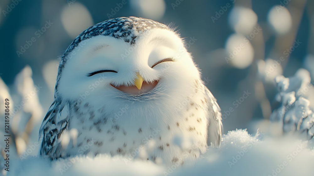 Obraz premium Wildlife portrait captures cheerful snowy owl with fluffy white feathers and happy expression against blue sky, showcasing joyful personality in natural winter environment.