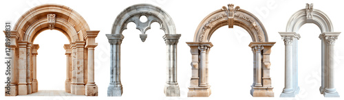 Classical Stone Arches with Intricate Columns and Ornate Details, Showcasing Various Architectural Styles from Ancient Roman to Renaissance with Rich Marble Finishes. photo