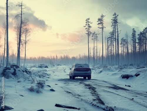 Desolate journey through a frozen post-apocalyptic landscape photo