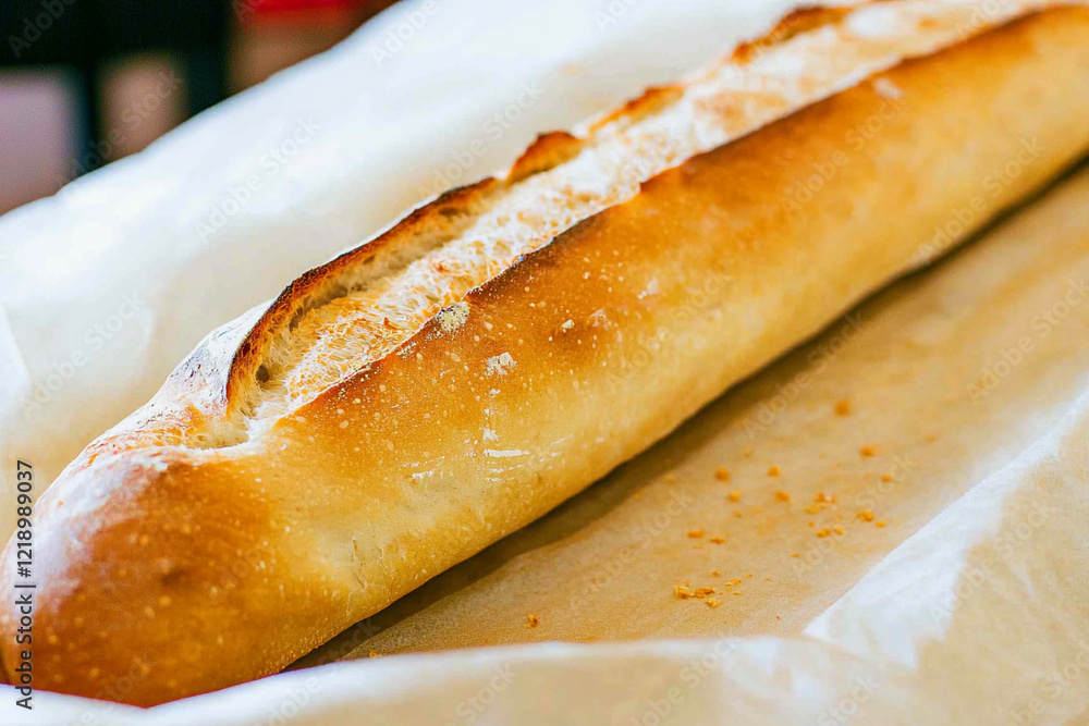 Baguette resting on parchment paper Baguette resting on parchment paper