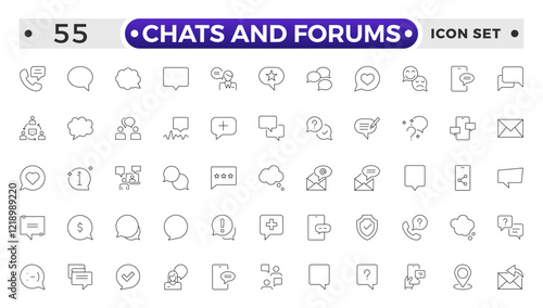 Chats and Forums icon .Approved, Checkmark box and Social media message. Chat and quote line icons. Chat speech bubble, Tick or check mark, Comment quote icons. Think, approved talk, speech bubble.