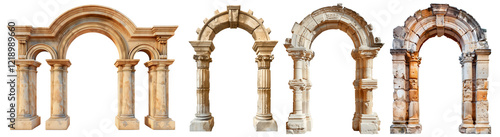 Collection of Architectural Arches with Intricate Designs and Columns, Showcasing Different Styles of Classical Stonework in Ancient Roman and Medieval Architecture. photo