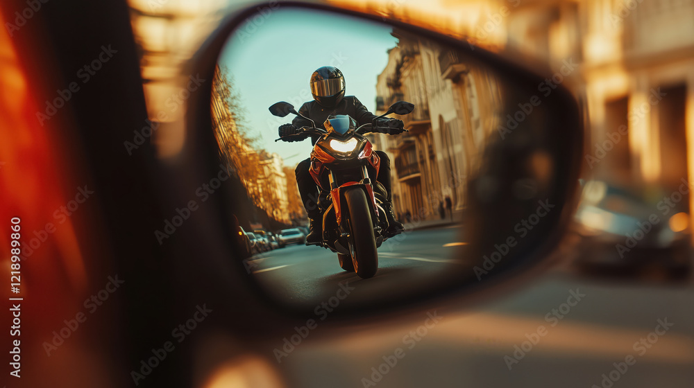 Side Mirror Reflecting Fast-Approaching Motorcycle in Blind Spot, Driving Hazard Concept