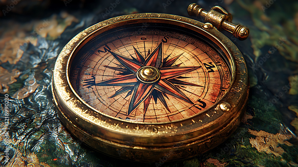 Antique brass compass resting on an aged map, showcasing intricate details and a vintage aesthetic. Perfect for travel, adventure, exploration, history, and navigation themes. Antique brass compass resting on an aged map, showcasing intricate details and a vintage aesthetic. Perfect for travel, adventure, exploration, history, and navigation themes.