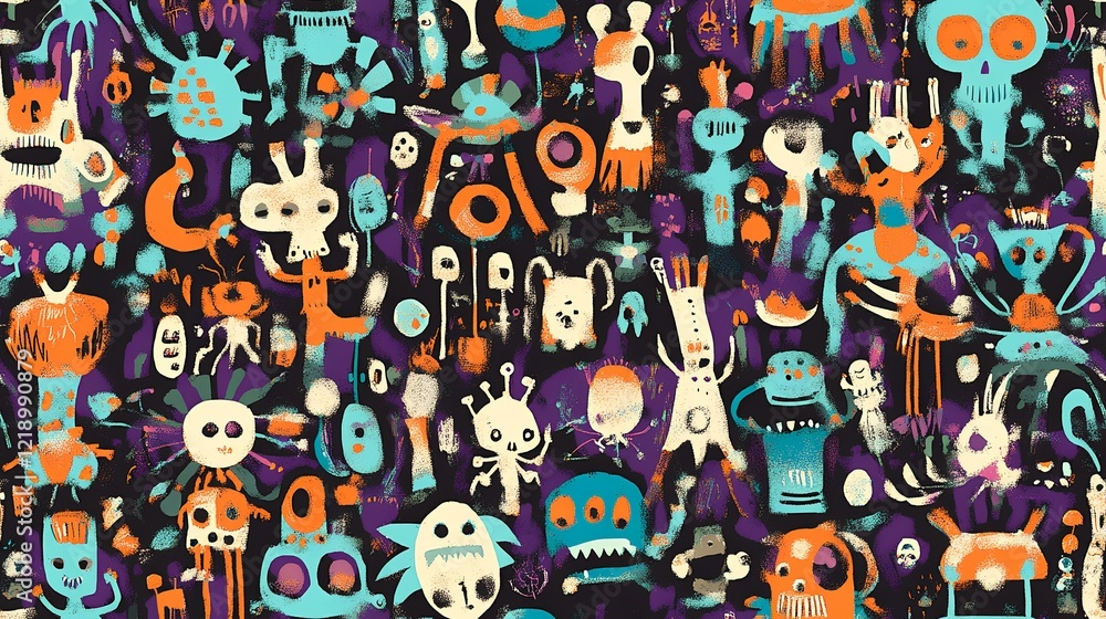 Fototapeta premium Whimsical monster party background, playful creatures dancing, vibrant colors, dark backdrop, ideal for kids' products