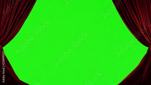 Red velvet theater curtains opening to green mockup background