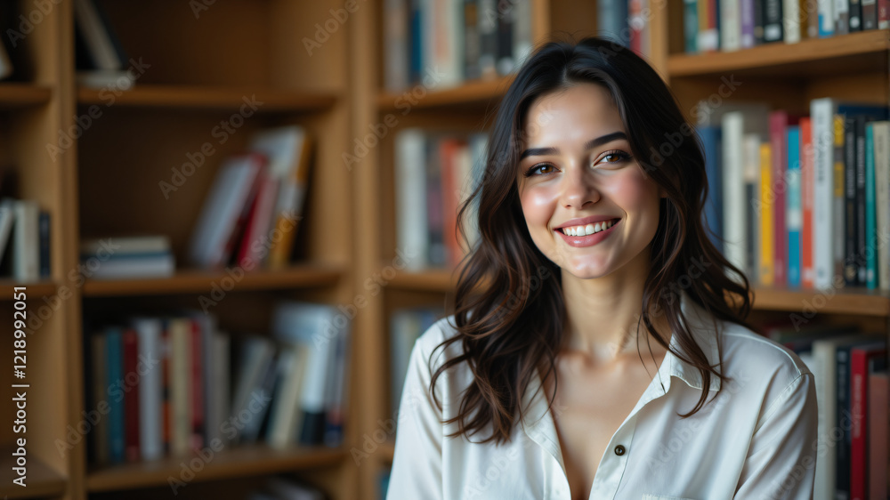 A cheerful woman with long dark hair, wearing a white shirt, smiles warmly in a library. A cheerful woman with long dark hair, wearing a white shirt, smiles warmly in a library.