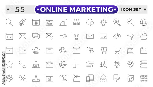 Online marketing and SEO outline icons set. Marketing & Search Engine Optimization outline icons collection. Website, search, mail, analysis, content, strategy, development, store.