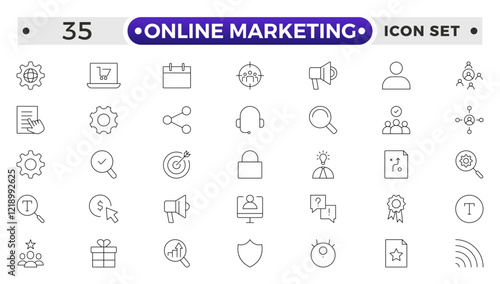 Online marketing and SEO outline icons set. Marketing & Search Engine Optimization outline icons collection. Website, search, mail, analysis, content, strategy, development, store.