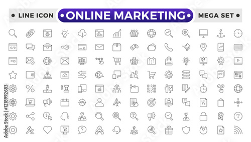 Online marketing and SEO outline icons set. Marketing & Search Engine Optimization outline icons collection. Website, search, mail, analysis, content, strategy, development, store.