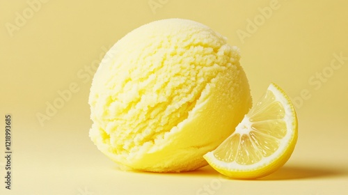 Yellow Lemon Sorbet with Fresh Lemon Slice on a Yellow Background