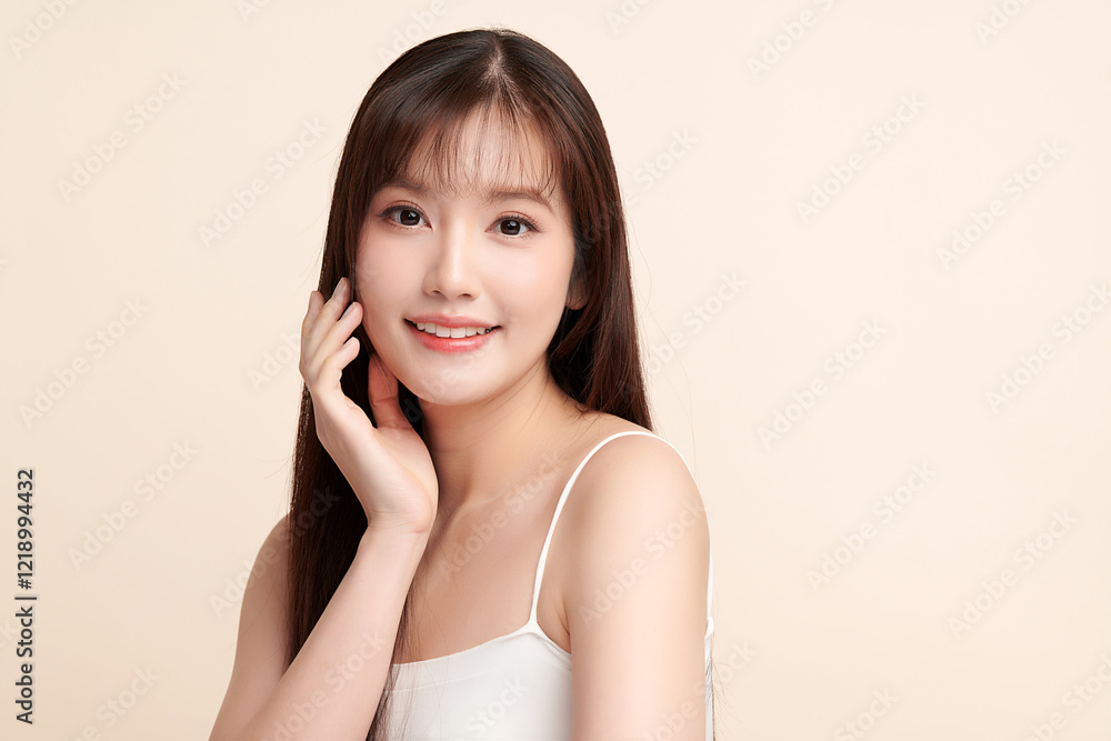 Beautiful young asian woman with clean fresh skin on beige background, Face care, Facial treatment, Cosmetology, beauty and spa, Asian women portrait. Beautiful young asian woman with clean fresh skin on beige background, Face care, Facial treatment, Cosmetology, beauty and spa, Asian women portrait.