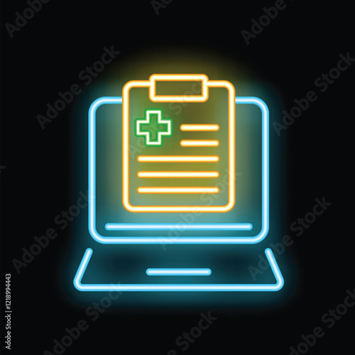 This neon sign showing a laptop with a medical record displayed on its screen evokes online healthcare and digital patient data
