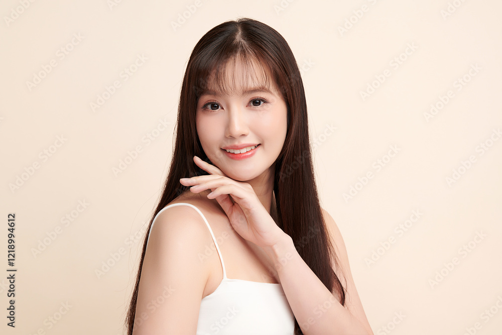 Beautiful young asian woman with clean fresh skin on beige background, Face care, Facial treatment, Cosmetology, beauty and spa, Asian women portrait. Beautiful young asian woman with clean fresh skin on beige background, Face care, Facial treatment, Cosmetology, beauty and spa, Asian women portrait.