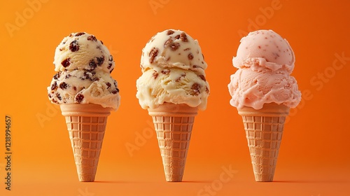 Vibrant Ice Cream Cones with Different Flavors on Orange Background photo