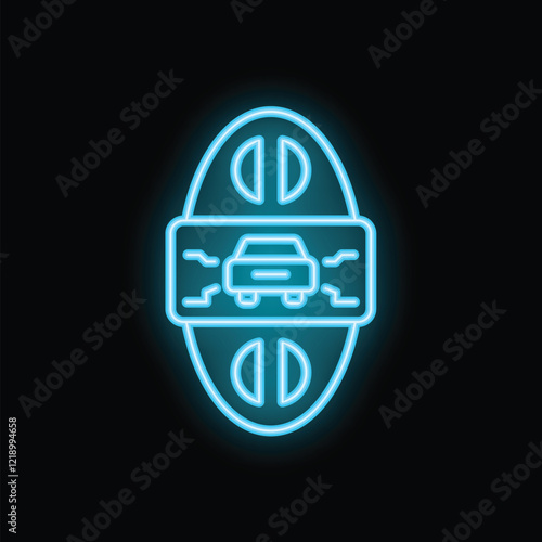 Neon icon of virtual reality glasses showing a car in front of a human head