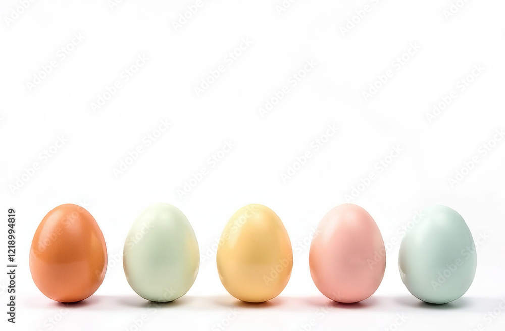 At the bottom of the image are eggs with free space on top of image for text, spring pattern on the eggs, pastel colors, white background. At the bottom of the image are eggs with free space on top of image for text, spring pattern on the eggs, pastel colors, white background.