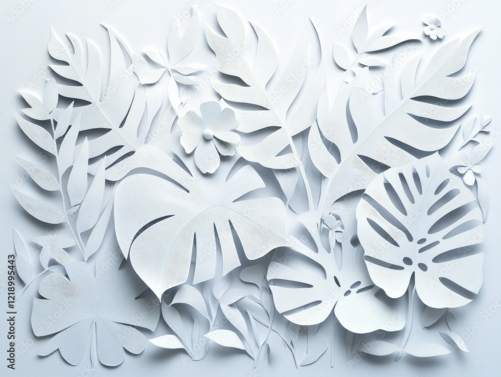 Intricate paper cut leaves in a tropical arrangement Intricate paper cut leaves in a tropical arrangement