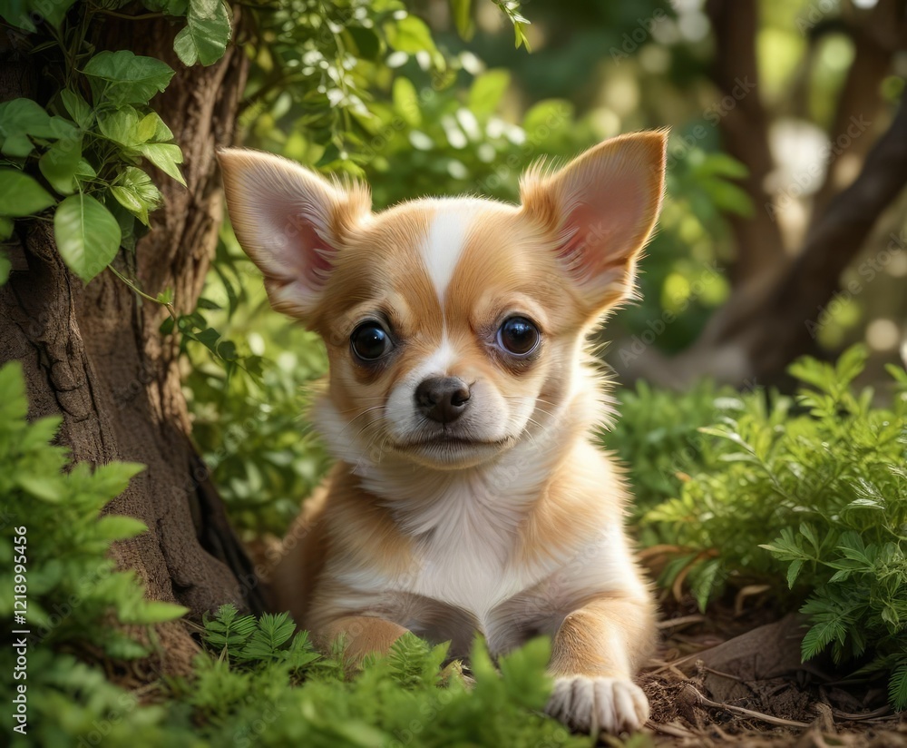 Chihuahua puppy hiding in a bush under a tree, foliage, bush Chihuahua puppy hiding in a bush under a tree, foliage, bush