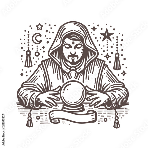 Mysterious fortune teller with a crystal ball, surrounded by stars, zodiac symbols, and mystical decorations. Isolated vector illustration perfect for spiritual and astrology themes.