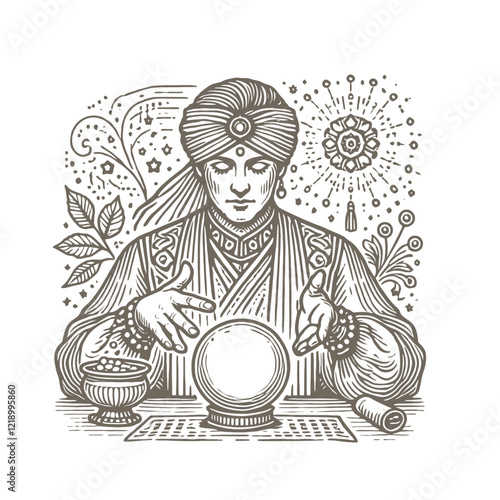 Vintage fortune teller with crystal ball and decorative elements. Isolated vector illustration in hand-drawn engraving style.