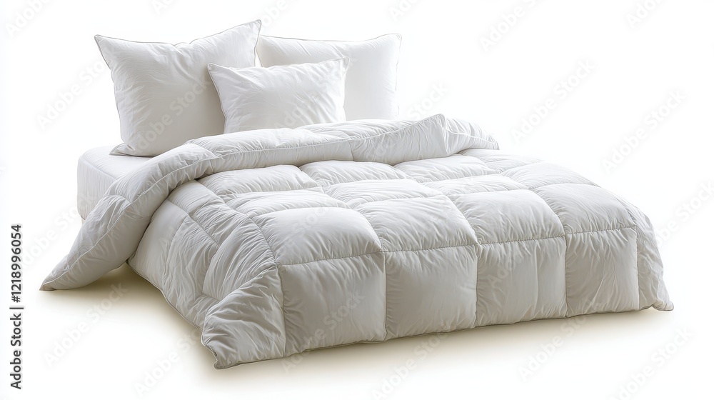 A close-up of a fresh, clean bed with soft pillows and a fluffy comforter, on a white isolated background A close-up of a fresh, clean bed with soft pillows and a fluffy comforter, on a white isolated background