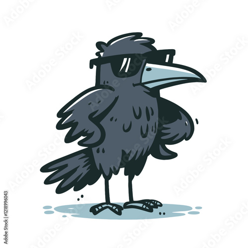 Cool raven with sunglasses standing confidently, isolated vector illustration. Great for branding, merchandise, and fun design projects.