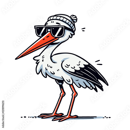 Funny stork with sunglasses and a beanie, standing in a confident pose. Isolated vector illustration ideal for marketing, advertising, and educational materials.