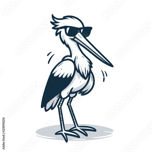 Cool cartoon stork character wearing sunglasses, standing confidently. Isolated vector illustration perfect for children's books, educational materials, and branding purposes.