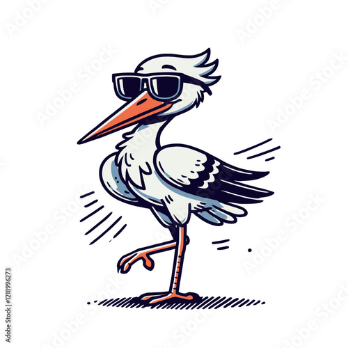 Stylish stork in sunglasses standing on one leg, isolated vector illustration. Perfect for branding, advertising, and children's design projects.