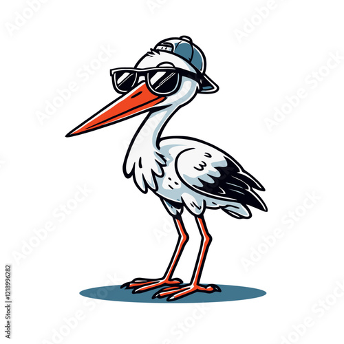 Trendy stork with sunglasses and cap, stylish bird character ideal for branding, advertising, and creative projects. Isolated vector illustration.