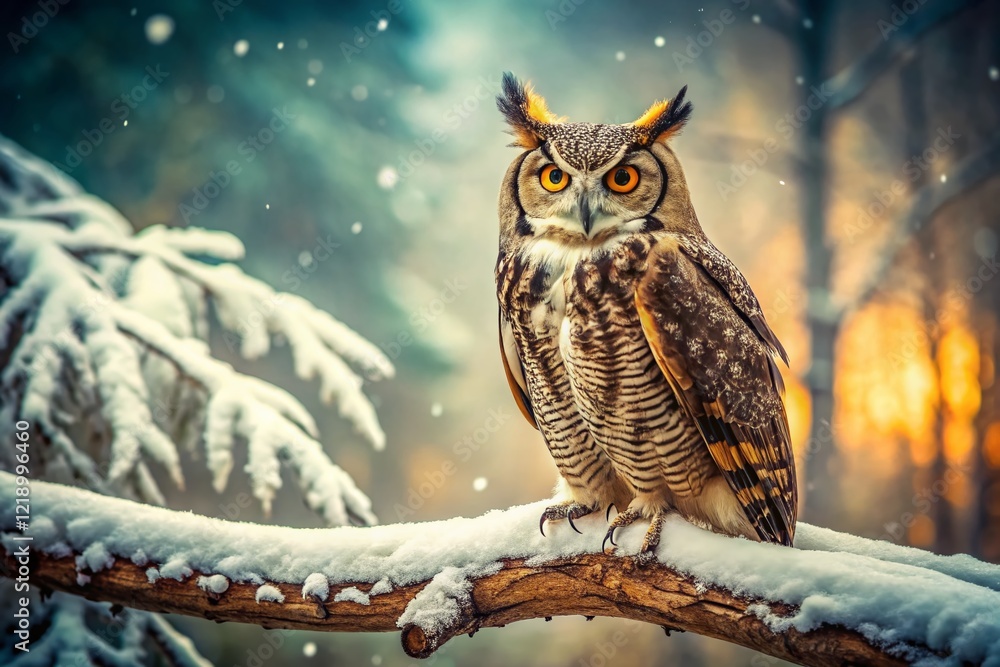 Obraz premium Majestic Great Horned Owl in Snowy Winter Forest - Vintage Photography