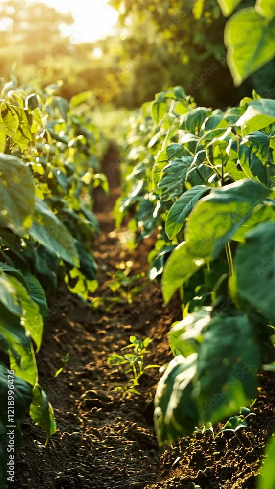 Green leaves flourish in row of crops under warm sunlight during late afternoon in a rural setting Green leaves flourish in row of crops under warm sunlight during late afternoon in a rural setting