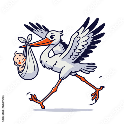 Cartoon stork carrying a newborn baby in a bundle, symbolizing childbirth and family happiness. Fun and cute design for announcements, baby shower invitations. Isolated vector illustration.