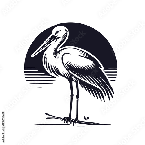Monochrome stork standing gracefully on a branch against a full moon background. Isolated vector illustration suitable for prints, logos, and branding designs.