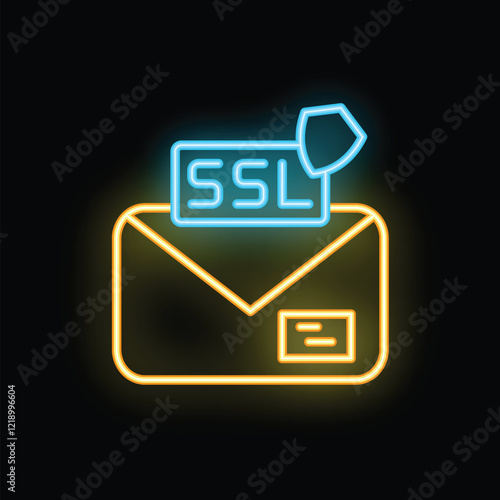 Neon ssl certificate icon is hovering over a glowing neon envelope, symbolizing secure and encrypted email communication