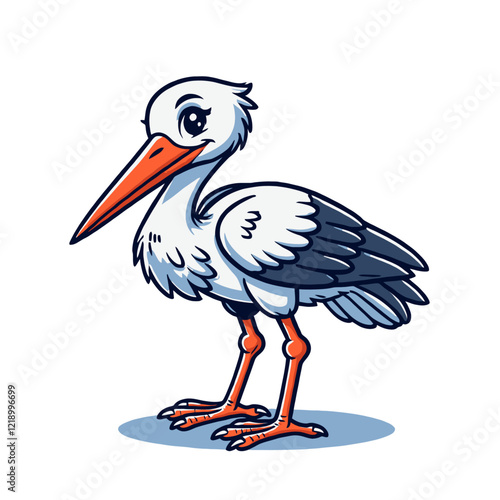 Cute cartoon stork with a friendly expression, isolated vector illustration ideal for children's content, animal-themed designs, and educational materials.